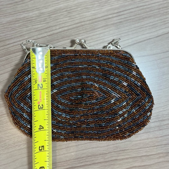 Bijoux Terner Mini Formal Handbag Brown + Blue Beaded Clutch Purse W/ Clasp - Picture 5 of 6